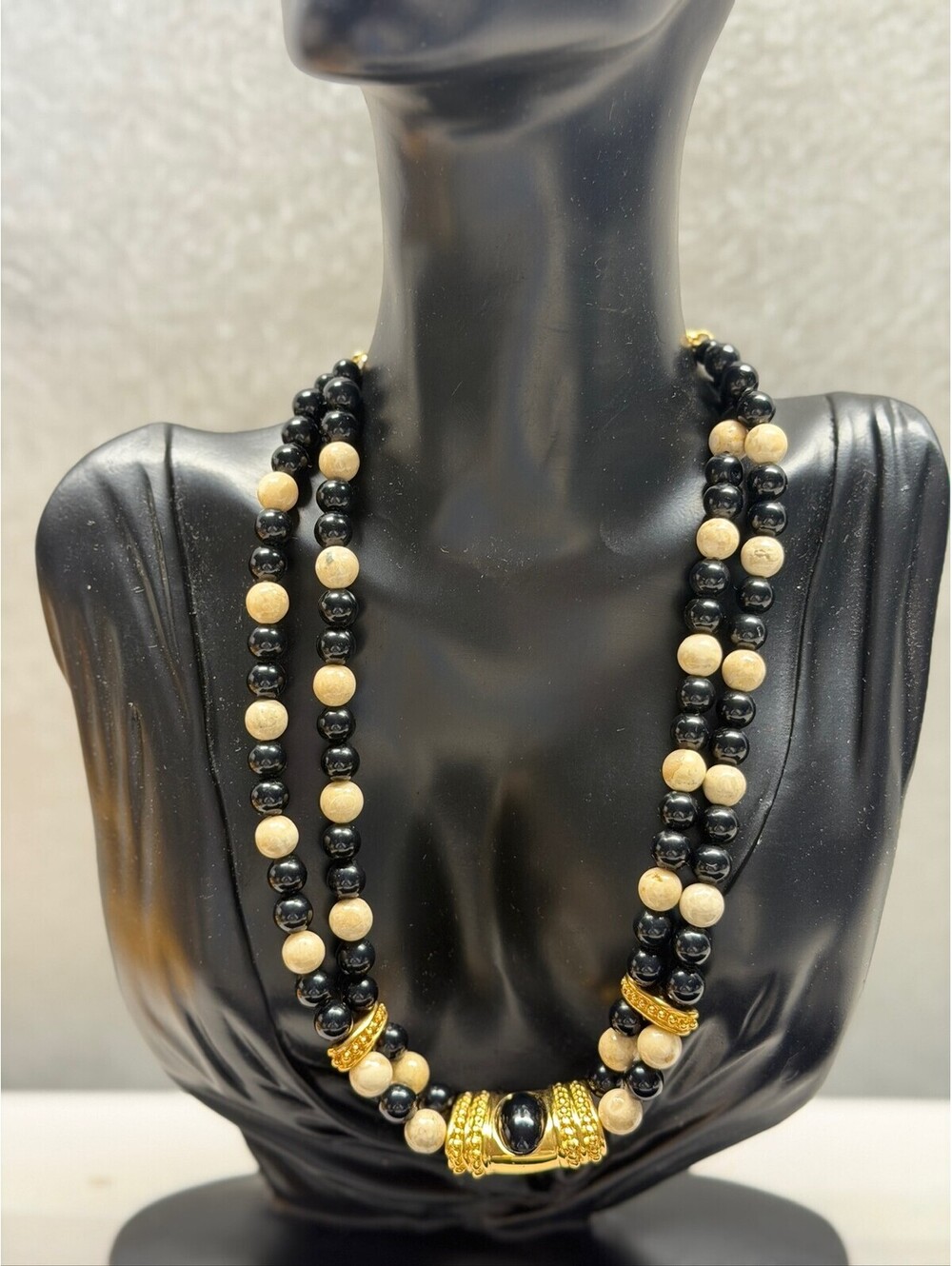 Vintage Napier Double Strand Black & Beige Bead Gold Tone Statement Necklace